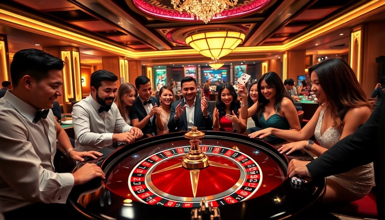 Experience excitement at RR88 with players enjoying roulette in a luxurious casino.