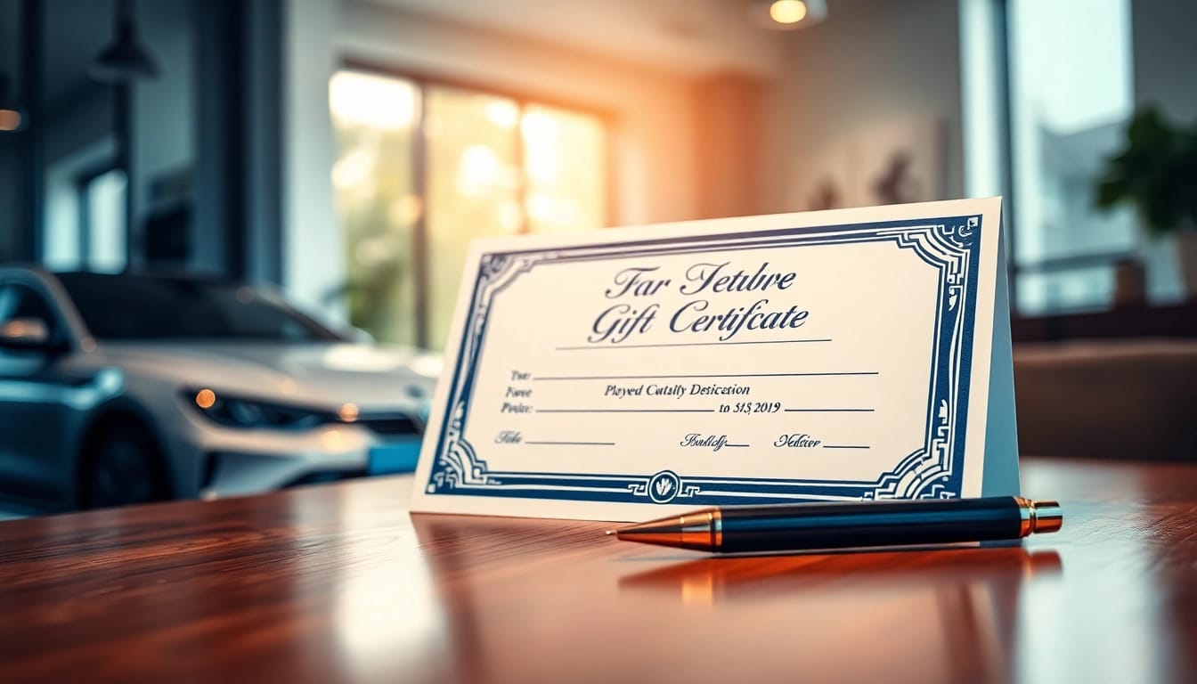 Offering a car detailing gift certificate beautifully displayed on a sleek wooden table.