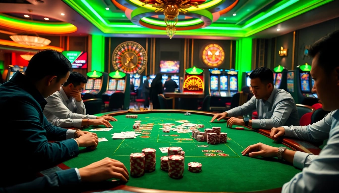Experience the thrill of high-stakes gambling at BEM88, featuring poker tables and vibrant slot machines.
