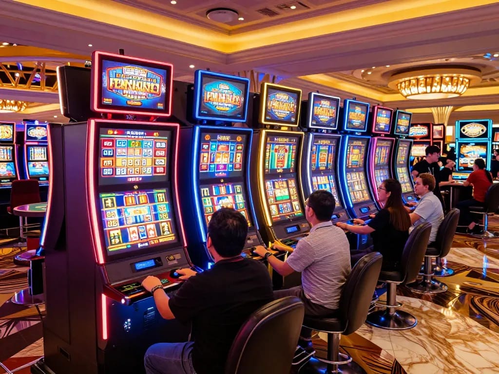 Players spinning reels on vibrant slot machines at FC88 casino, capturing the excitement of gambling