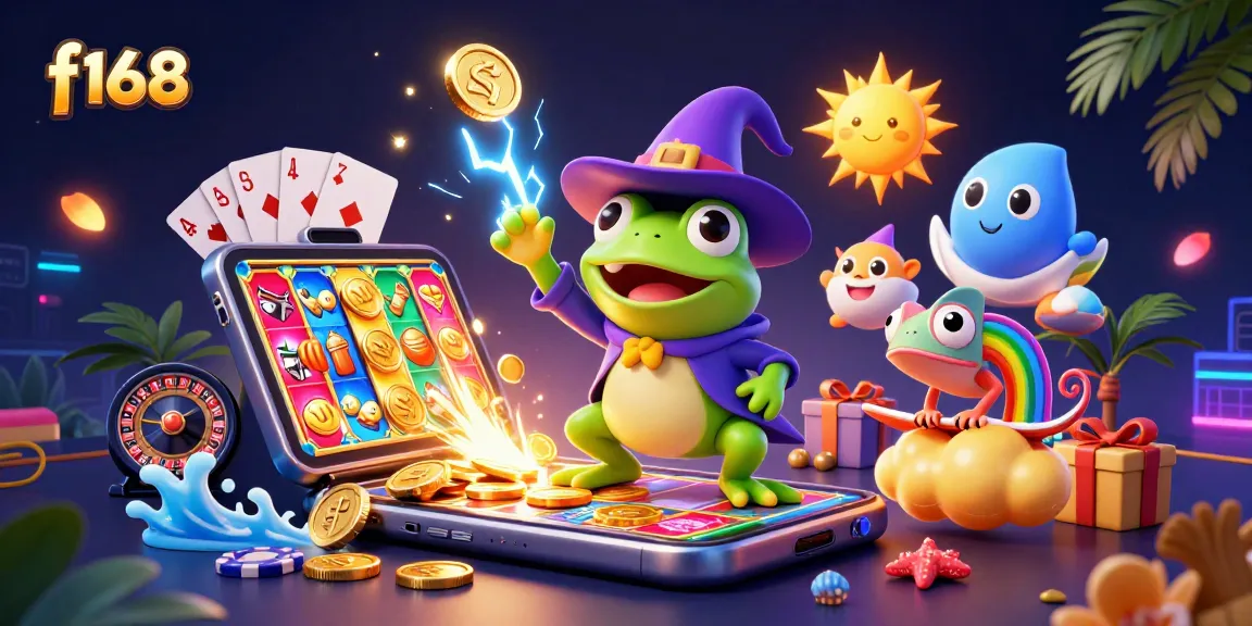 Win big at f168 with the vibrant 3D illustration showcasing exciting casino games and golden rewards.