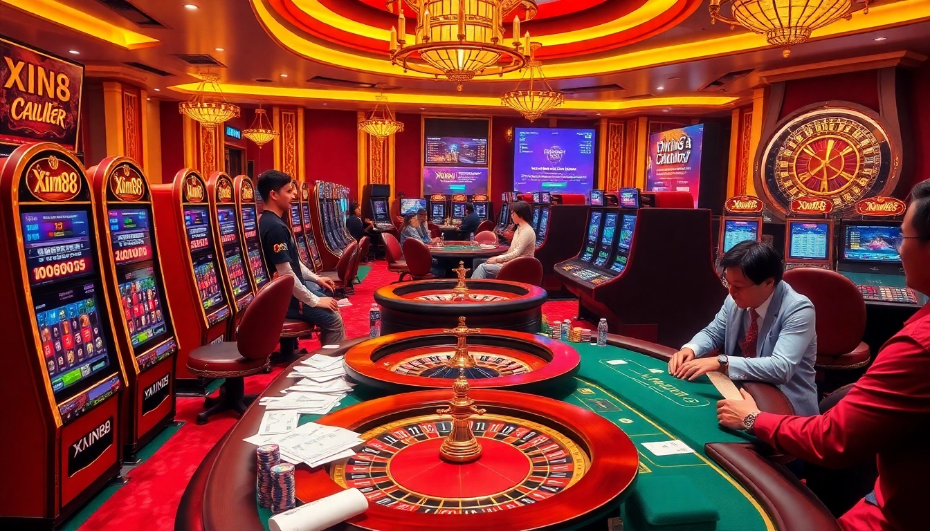 Experience winning strategies at XIN88 with an immersive online gambling scene showcasing vibrant casino elements.