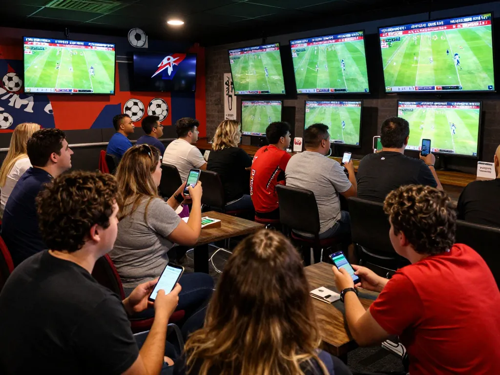 A vibrant sports betting lounge capturing kèo bóng đá trực tuyến action with fans engaged in betting and live match updates.