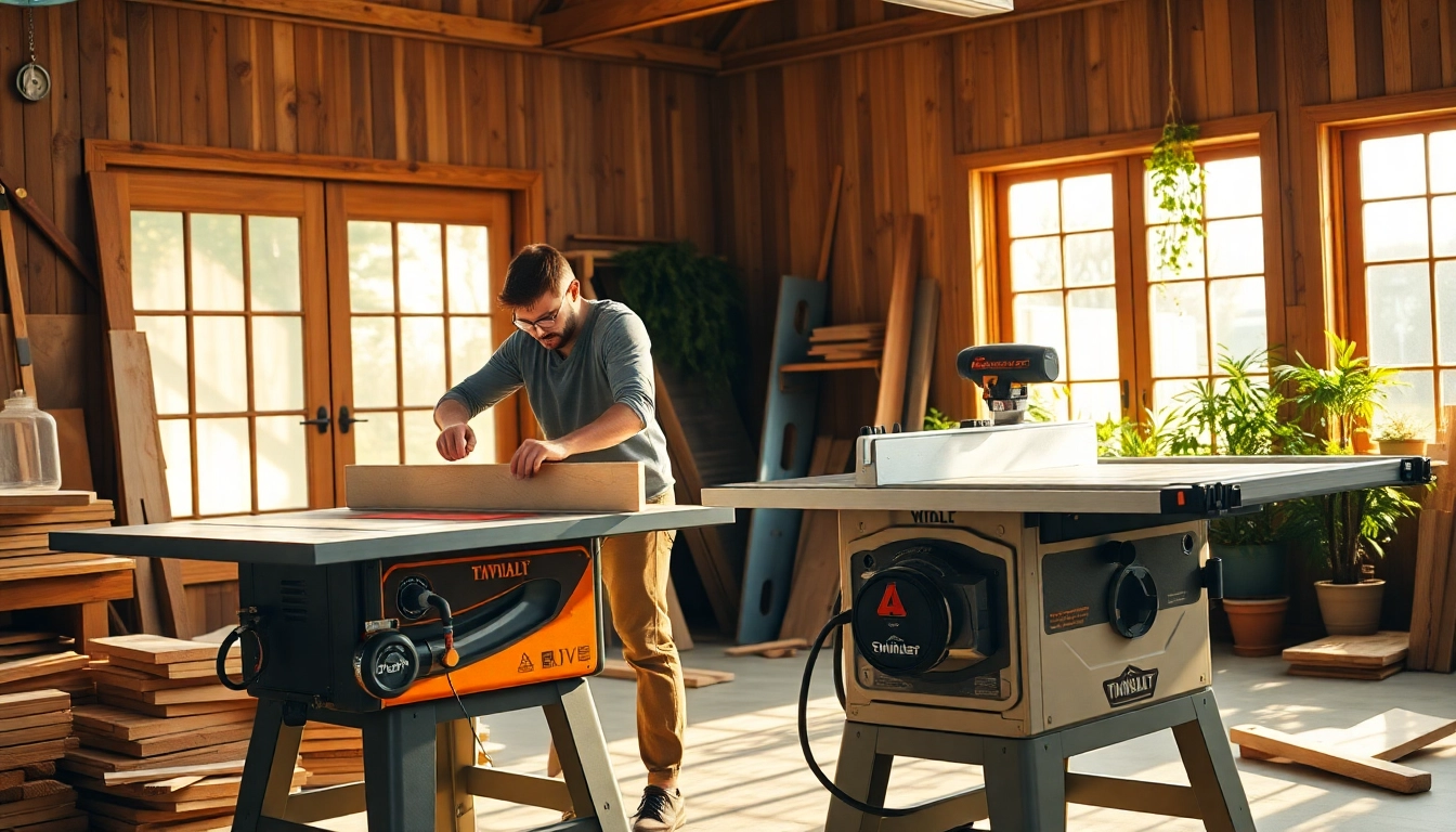 The table saw and miter saw combo enables precise cuts, as a craftsman expertly measures wood in a sunny workshop.