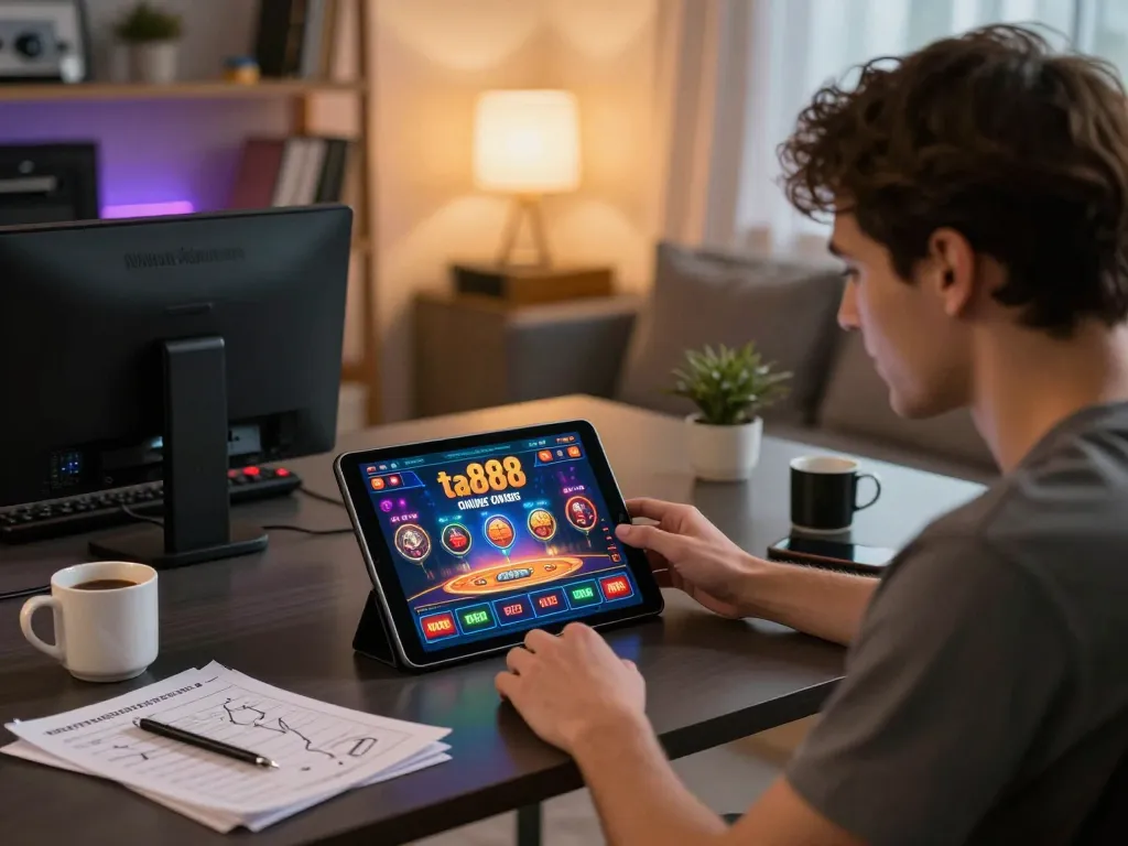 Engaging with the ta888 online casino interface at home, highlighting responsible gaming.