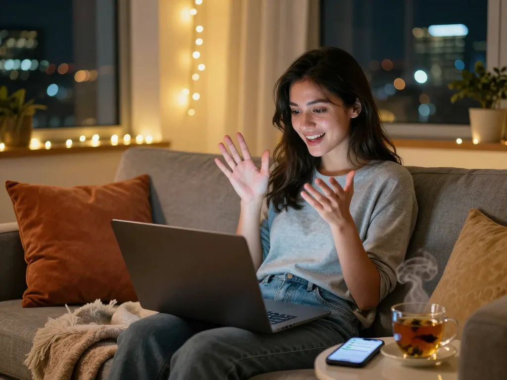 Engaging in free AI sex chat using a laptop in a cozy living room.