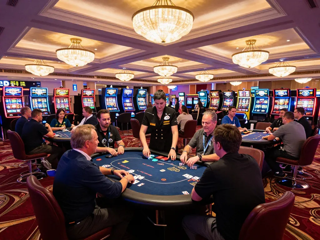Excited players gathered for poker games at https://gg88live.com/ in a vibrant Las Vegas casino atmosphere.