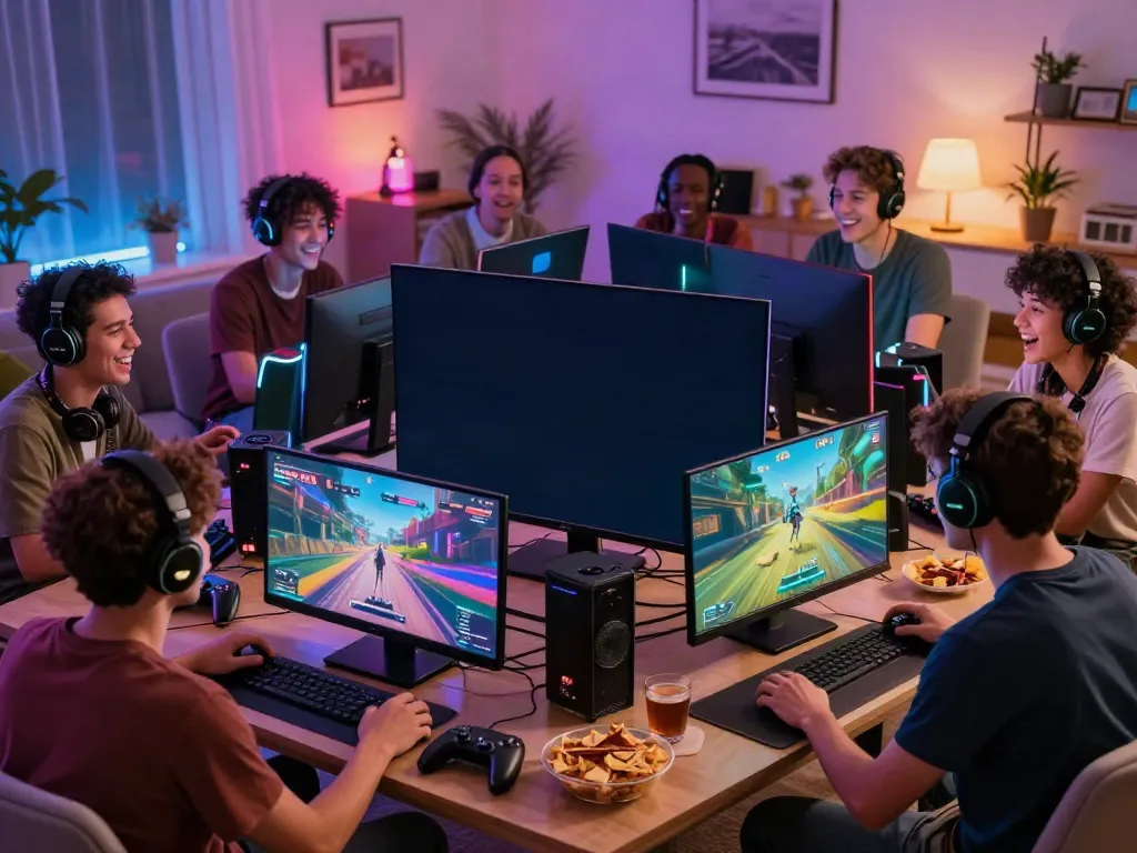 Friends enjoying an online gaming session inspired by https://1da88.it.com/, showcasing camaraderie and vibrant entertainment.