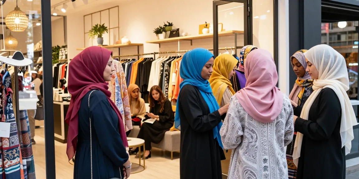 Shopping at a vibrant hijab store featuring diverse women wearing colorful hijabs and stylish outfits.