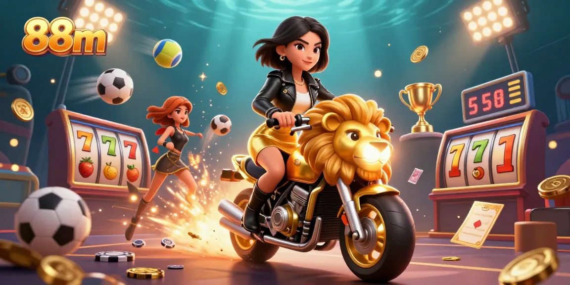 Experience the thrill of 88m gaming with a glamorous Asian woman riding a golden lion, surrounded by dynamic casino elements.