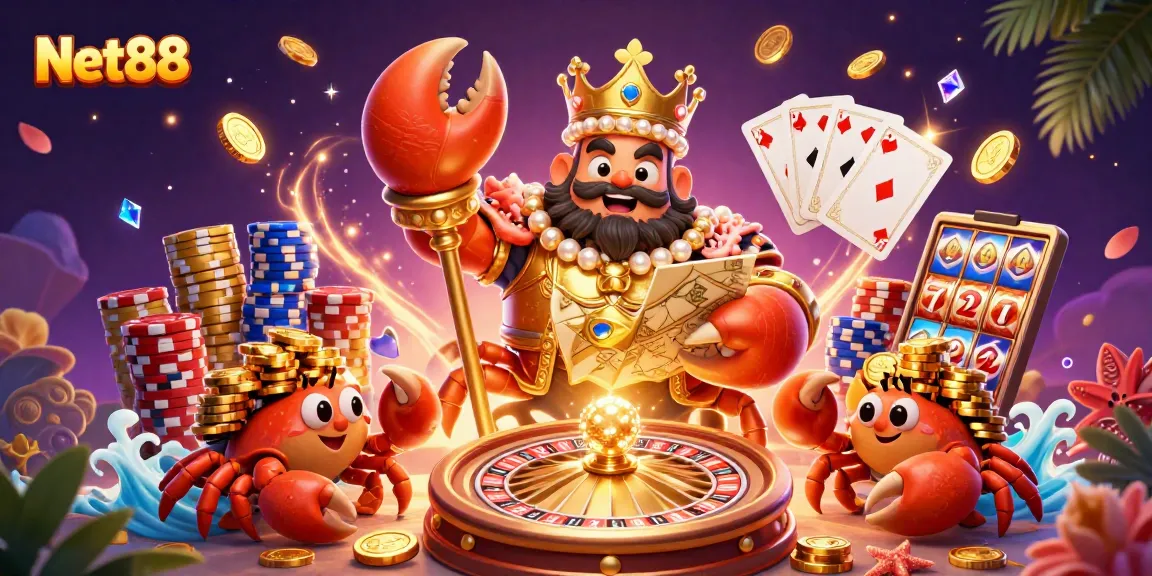 Experience the excitement of Net88 with a vibrant 3D casino scene featuring a golden crab emperor and treasure.