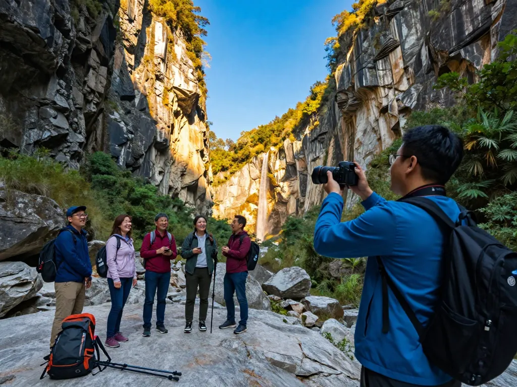 Enjoying a Taroko Gorge tour, capturing scenic views with friends.