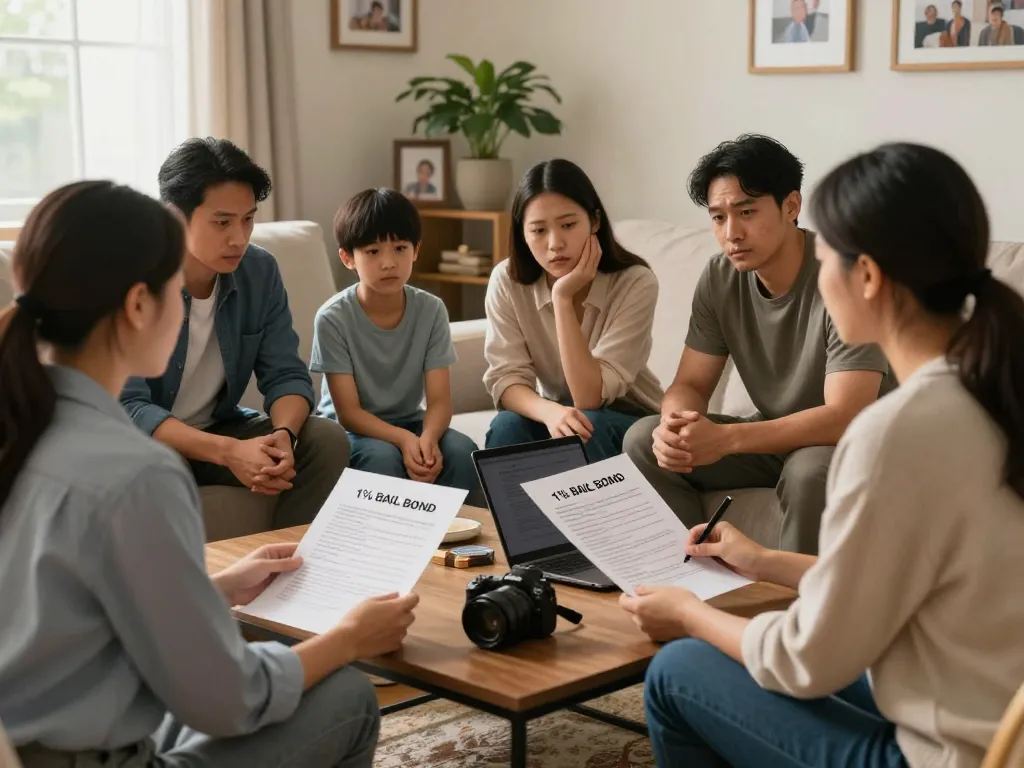 Family discussing Bail Bonds options in a cozy living room.