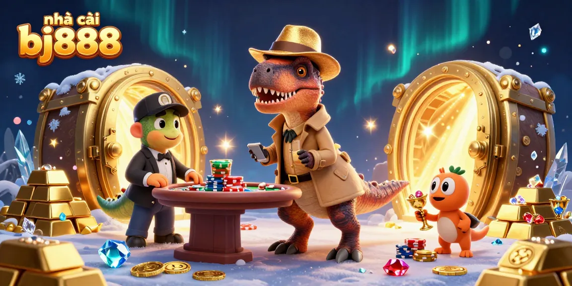 Experience thrilling action at nhà cái bj888 with a cartoon velociraptor counting cards and treasures in a vibrant casino scene.