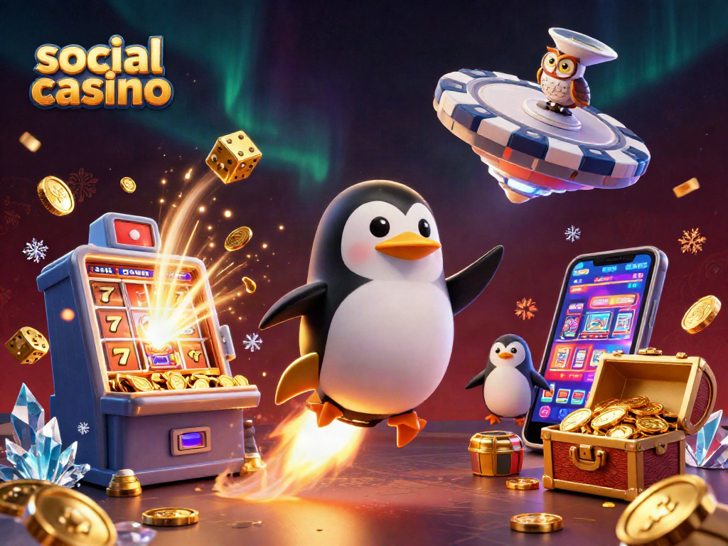 Experience the excitement of a social casino with a 3D penguin launching through space, surrounded by vibrant gaming elements.