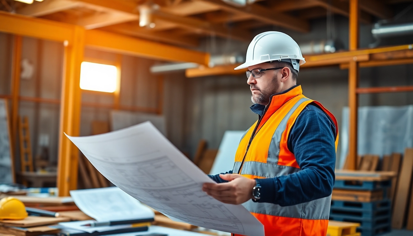New Jersey General Contractor reviewing blueprints at an active construction site with focused determination.