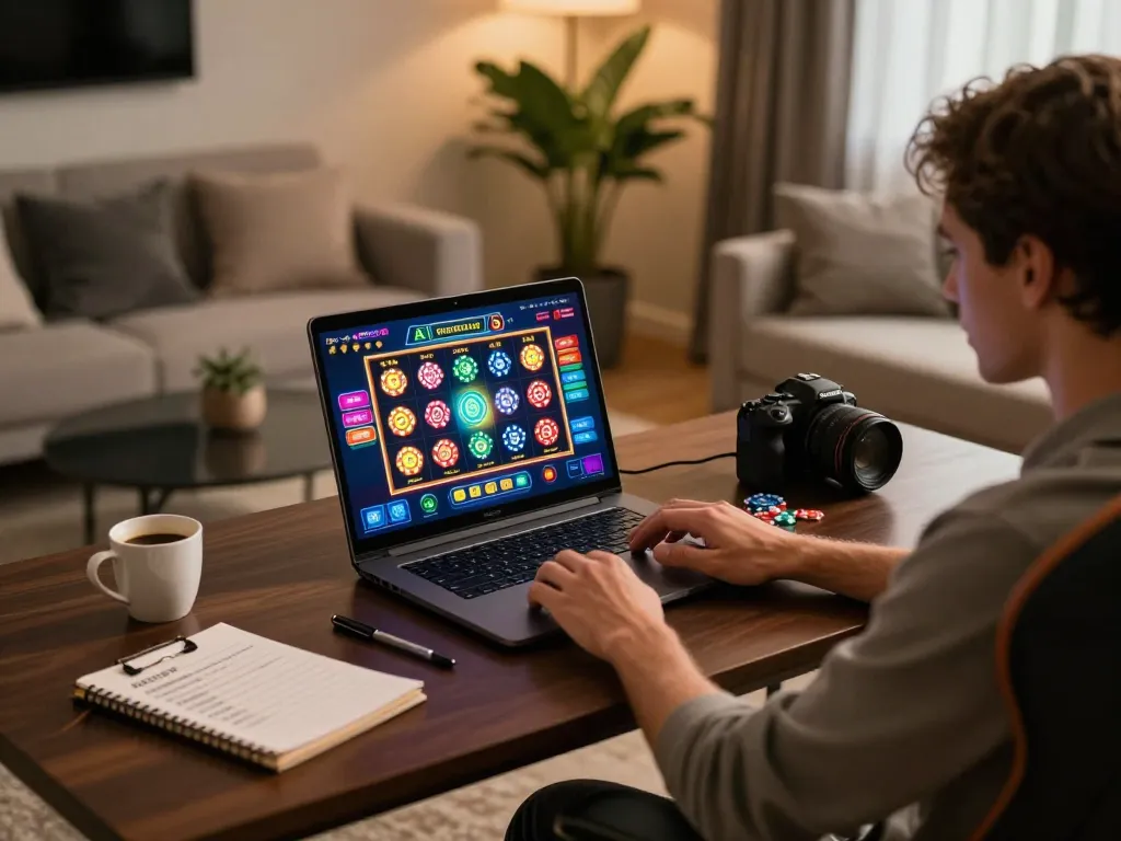 Play MM88 TODAY with an engaging online gaming setup featuring a vibrant slot game display and cozy decor.