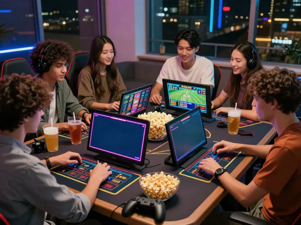 Group of friends enjoying online gaming together at https://gem88.jpn.com/ in a lively, modern environment.