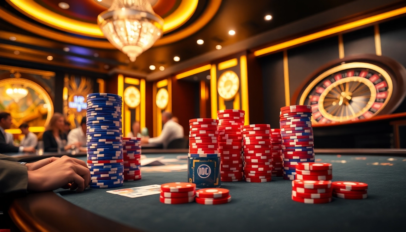 Players strategizing over cards and chips in a HITCLUB casino environment, highlighting excitement and luxury.