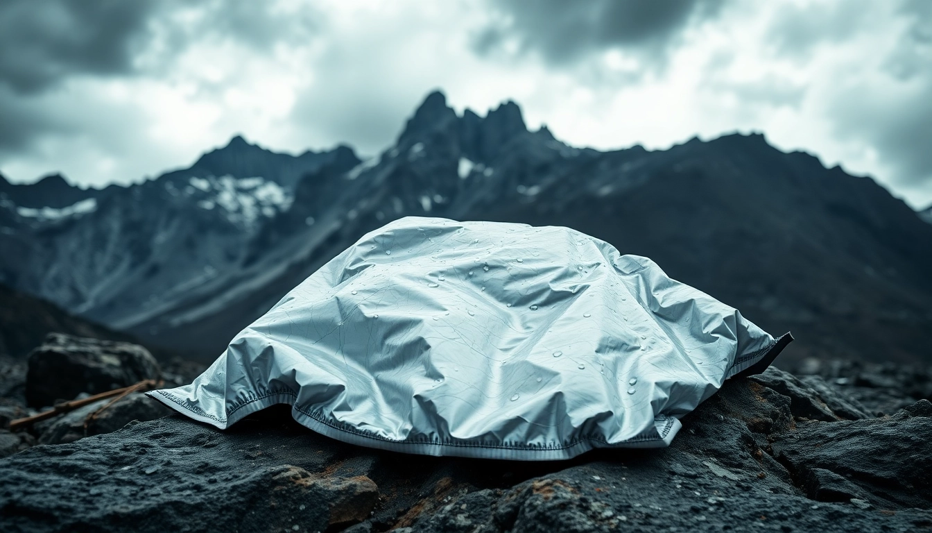 Emergency blanket set against a mountainous backdrop showcasing survival readiness in uncertain weather.