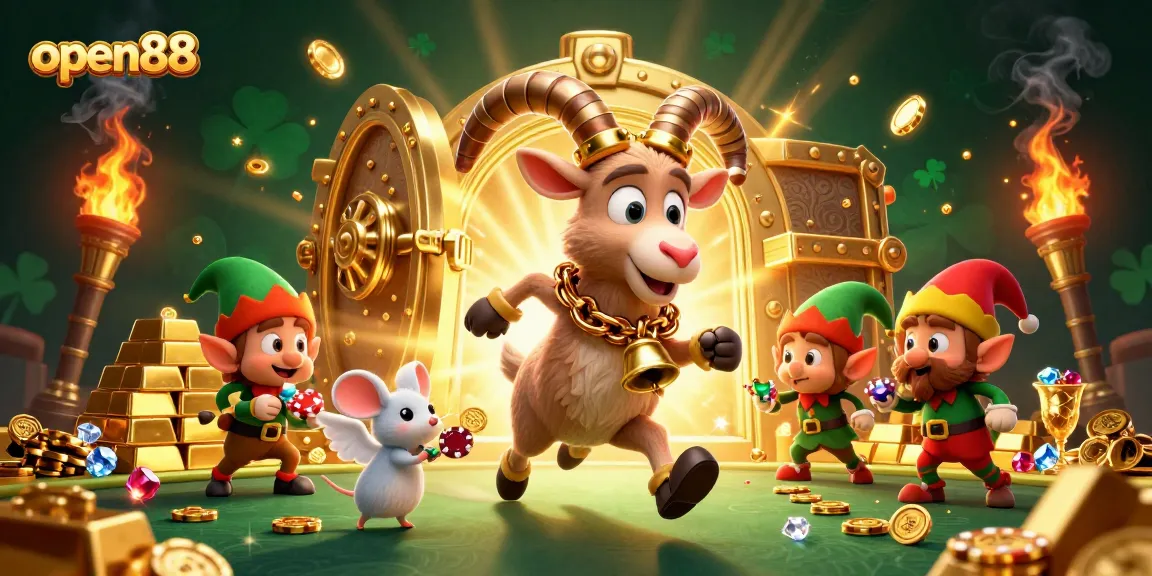 open88 casino delights with a festive Krampus goat and animated characters stealing chips.