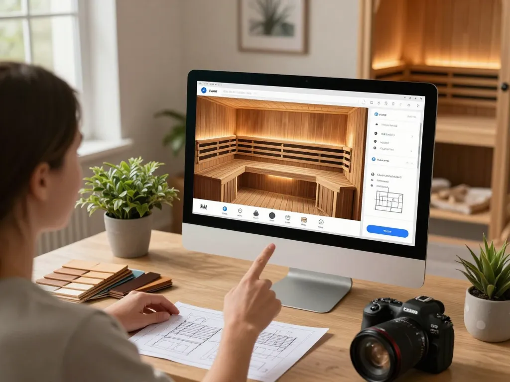 Engaging user customizing a sauna 3D configurator, showcasing various design options and accessories