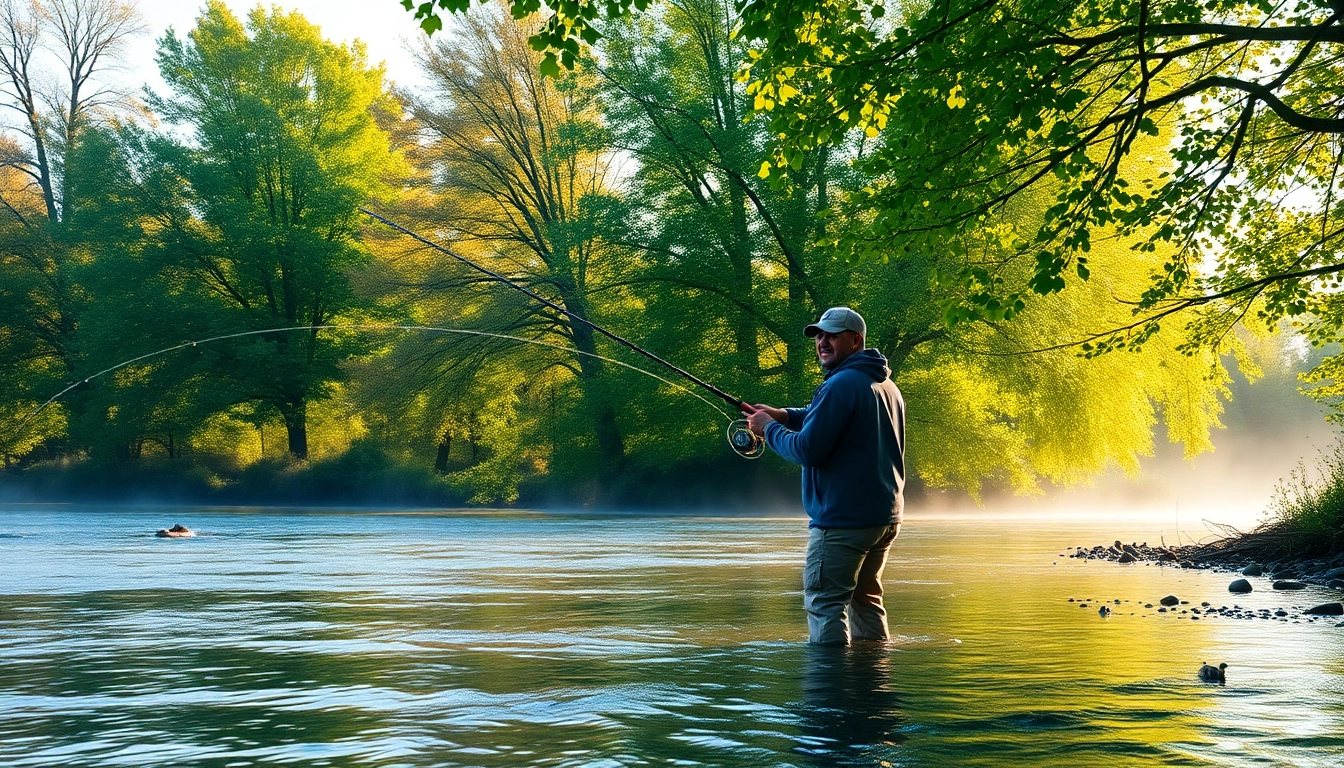 Angler practicing fly fishing for beginners in a calm river surrounded by lush nature.