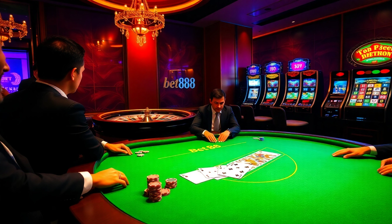 Experience high-stakes poker at Bet88, with vibrant chips, cards, and an exciting casino atmosphere.