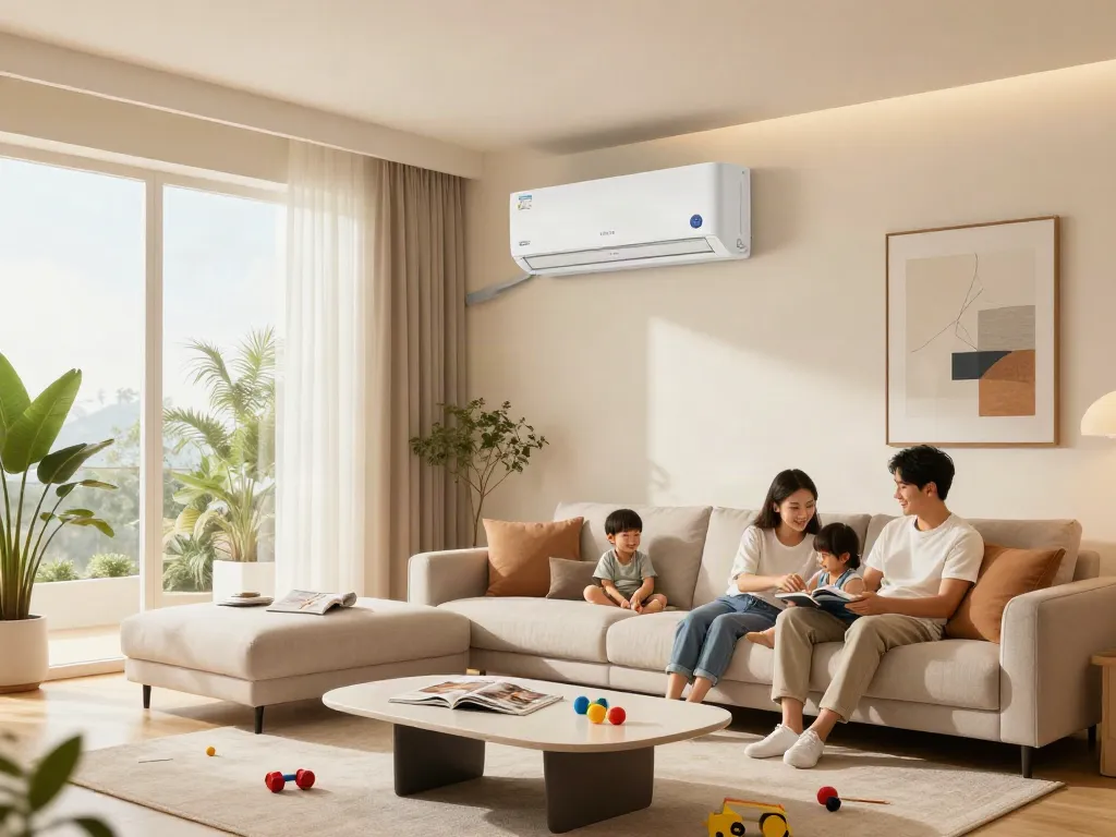 Cozy living room with 18000 BTU mini split air conditioner providing comfort to family.