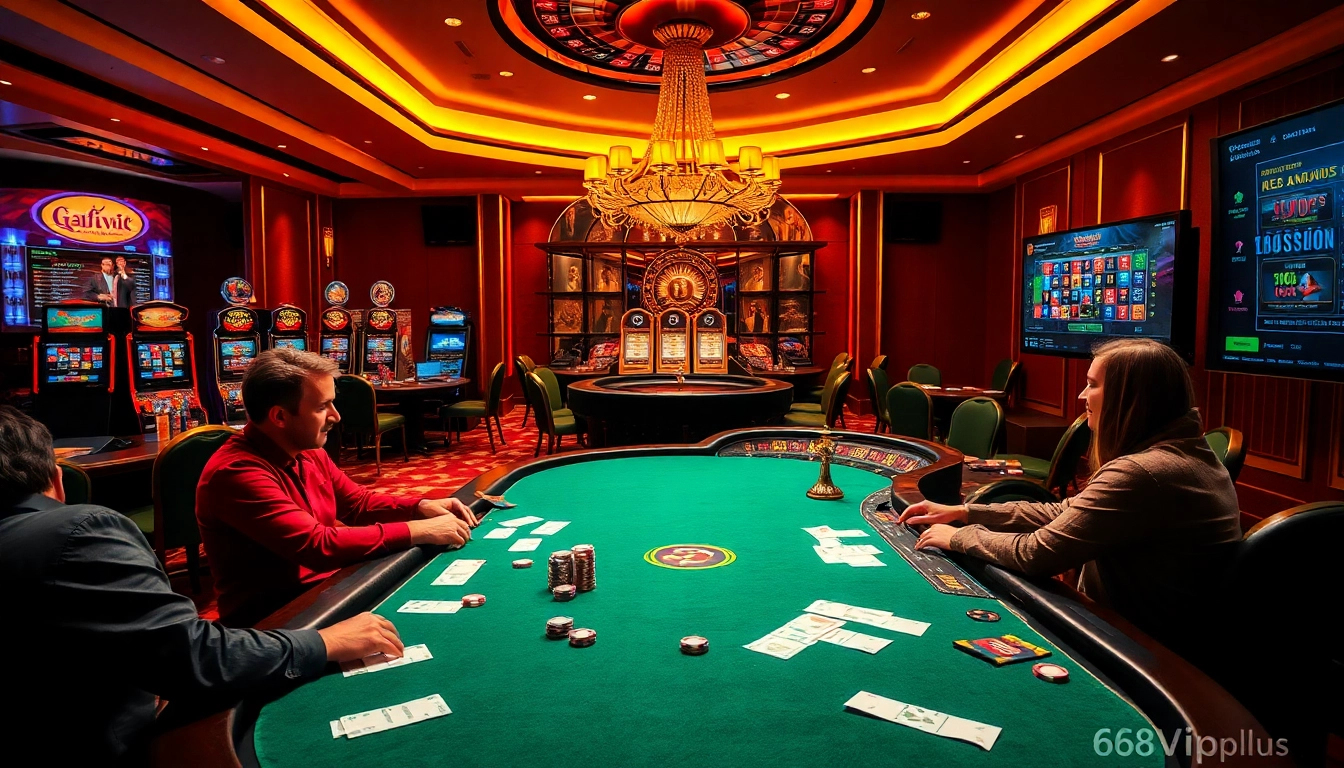 Experience thrilling gameplay at https://68vip.plus/ with vibrant slot machines and poker tables.