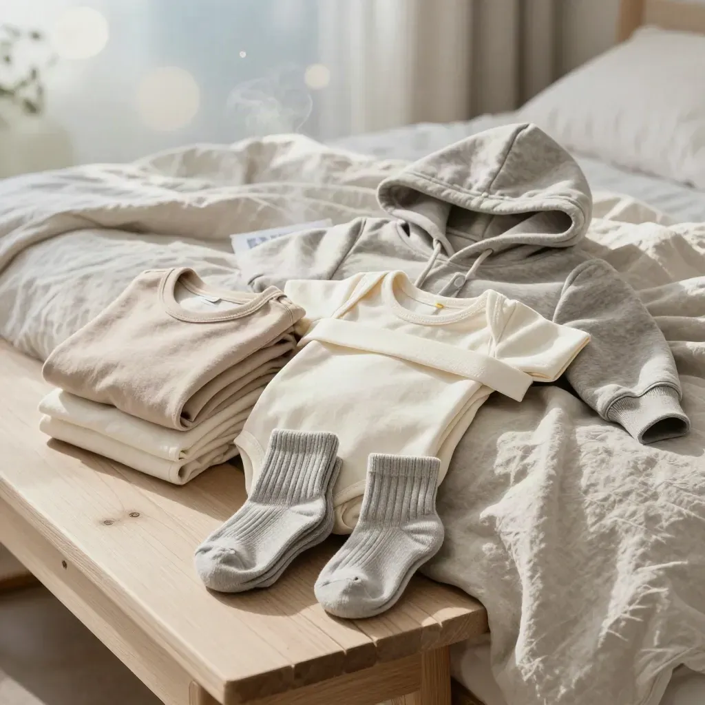Cotton essentials bundled on a linen bed and bench with soft steam and morning light.