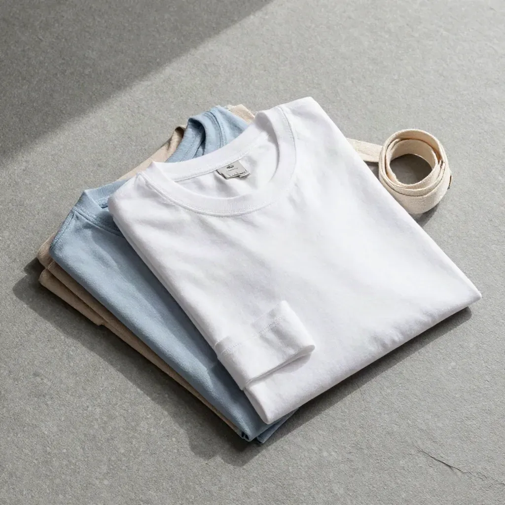 Three folded cotton tees in white, sand and sky with a tote strap on pale stone, overhead.