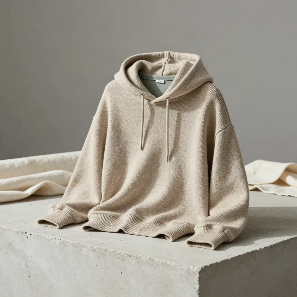 Relaxed cotton hoodie on a concrete plinth with a sage tee peek, in a dramatic studio still life.