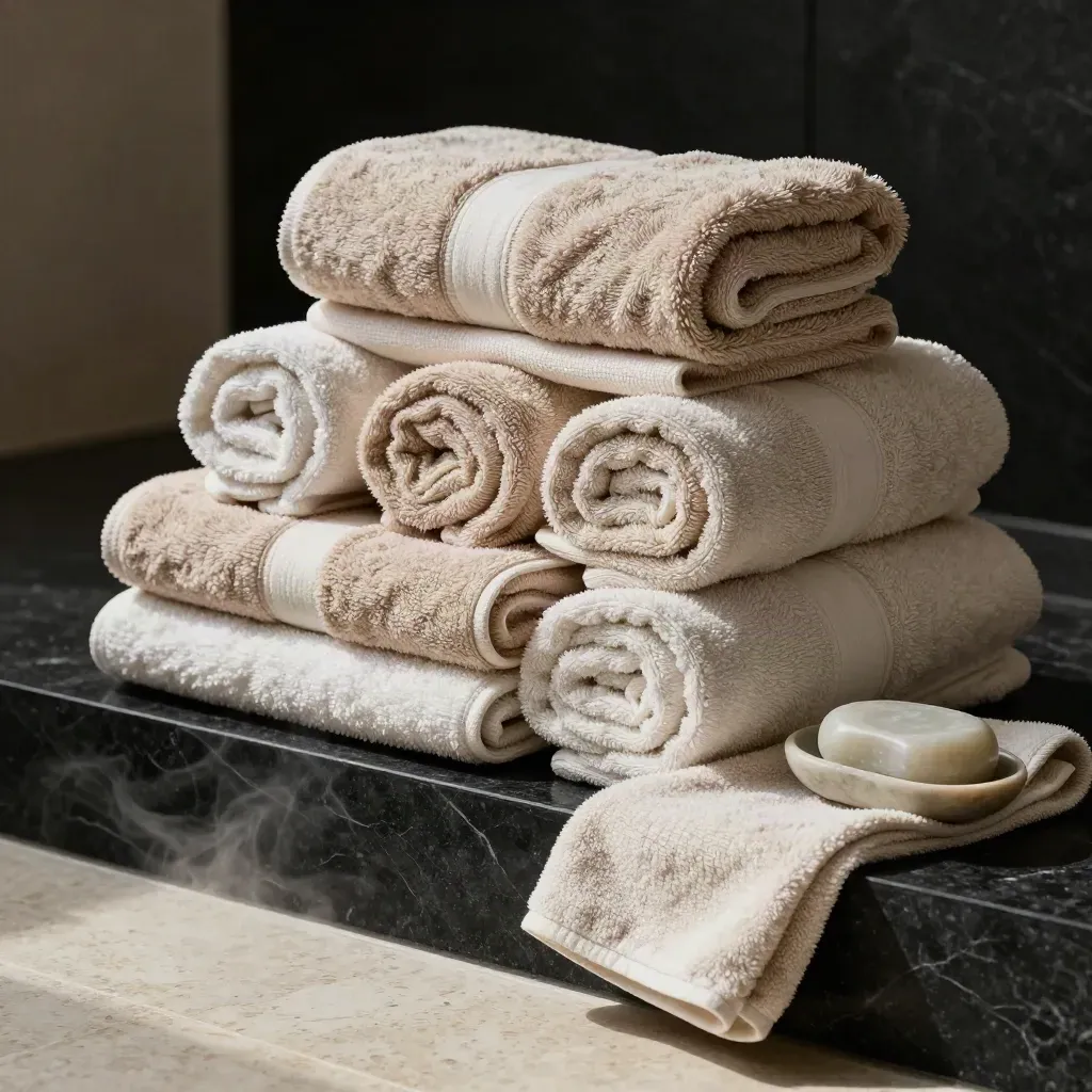 Rolled bath towels with a hand towel and stone soap dish on a dark plinth