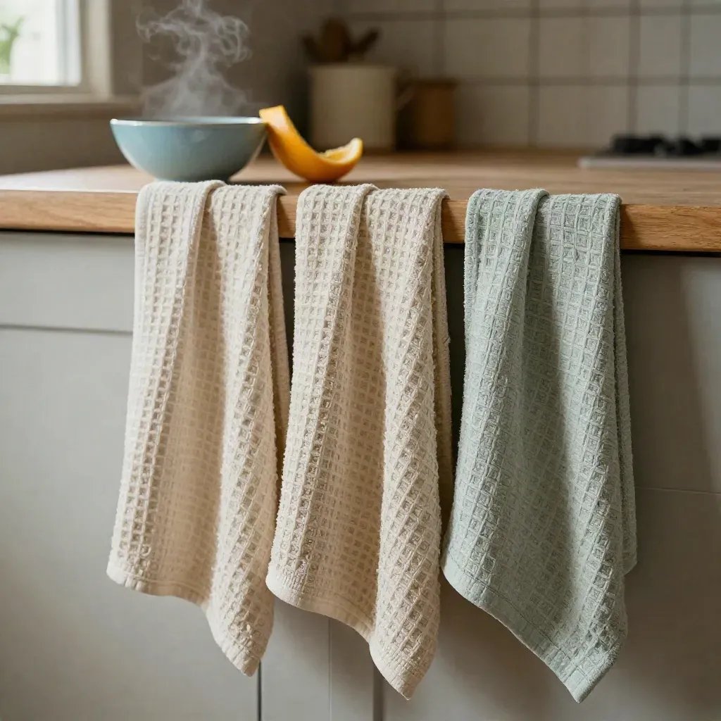Three waffle weave kitchen towels hang on a wooden rail with a bowl and citrus rind.