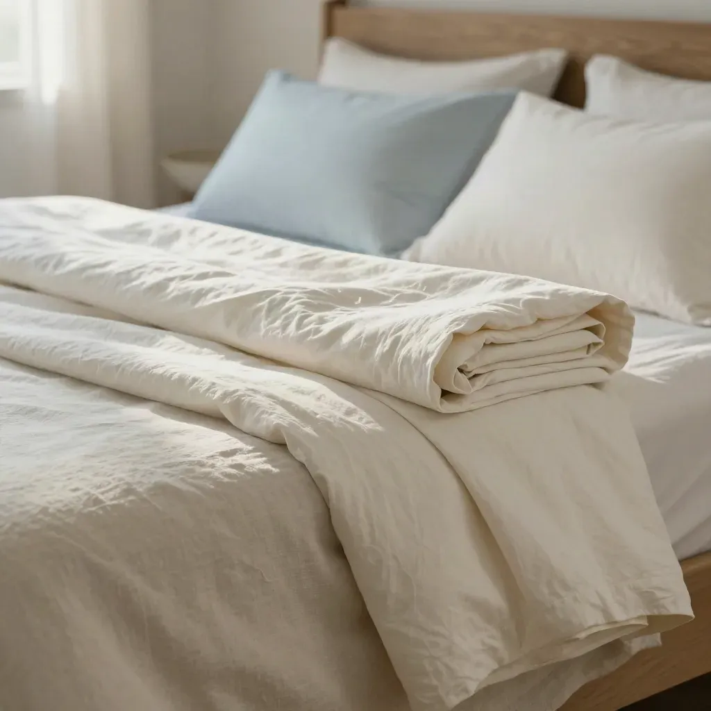 Percale sheet bundle with folded pillowcases and ceramic bowl on a bed in soft morning light