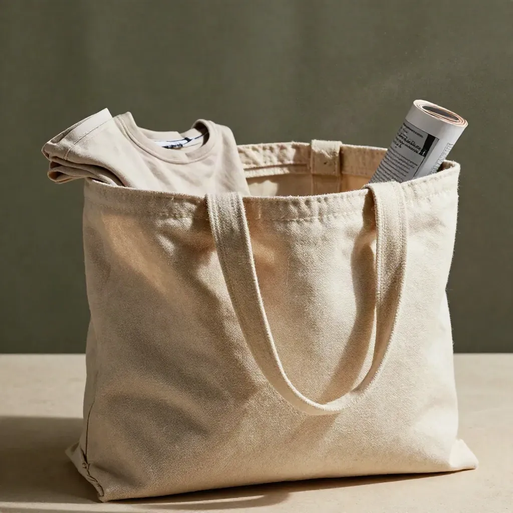 Canvas tote with folded handles, tee, and cloth bundle on a sand plaster plinth.
