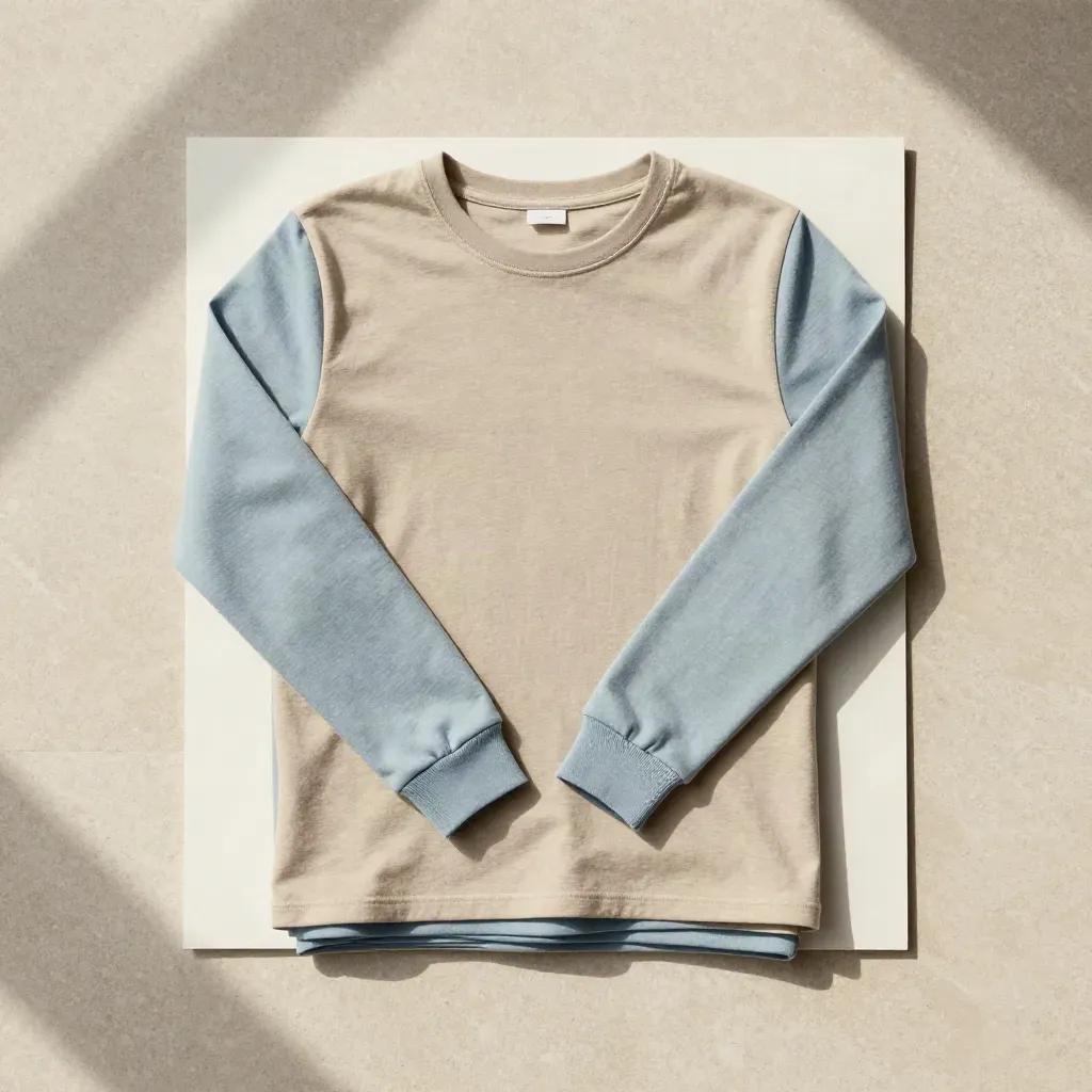 Overhead flatlay of two long-sleeve tees in sand and sky blue