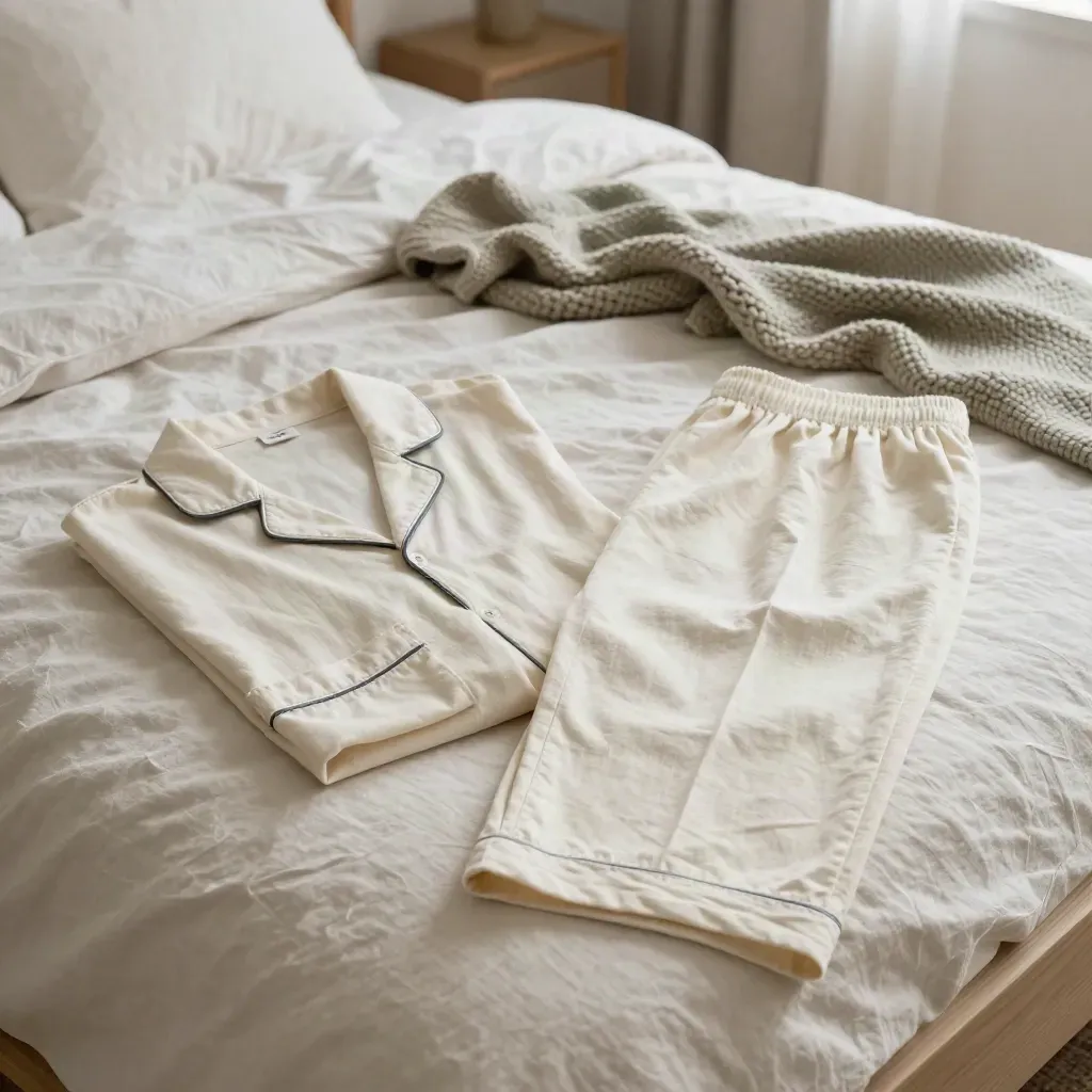 Cream cotton pajama set on an unmade bed with pillowcase, knit throw, and soft morning haze.