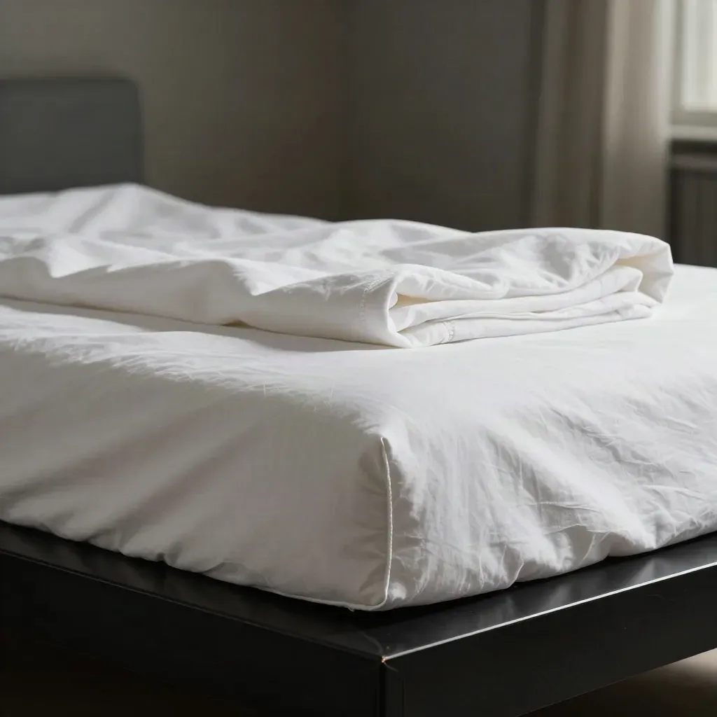 White crib sheet set draped over a mattress core with a folded pillowcase on a dark studio surface