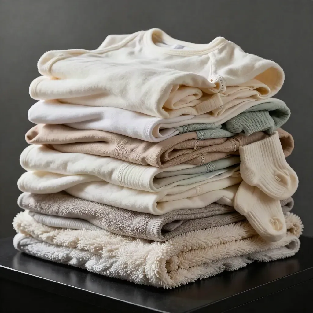 Plush tower of folded cotton essentials on a matte-black plinth with cool studio rim light.