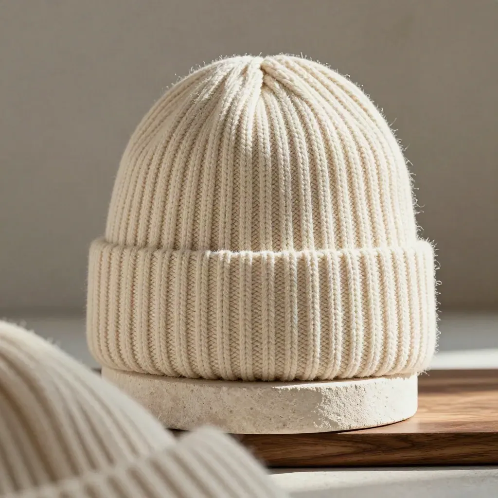 Warm ivory ribbed cotton beanie draped over pale stone, macro texture in soft daylight.