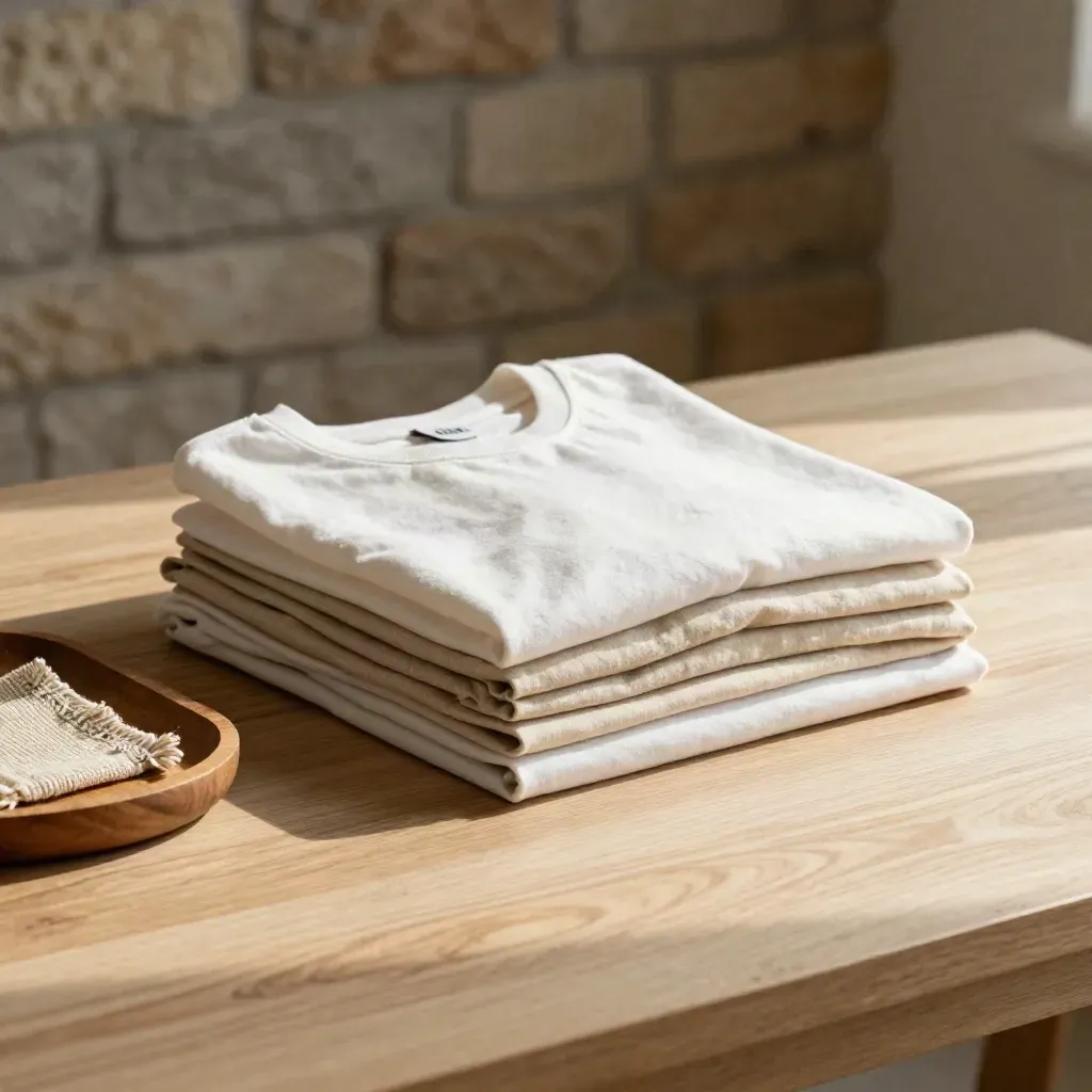 Folded organic cotton tees on a pale oak tabletop with warm stone wall blur above