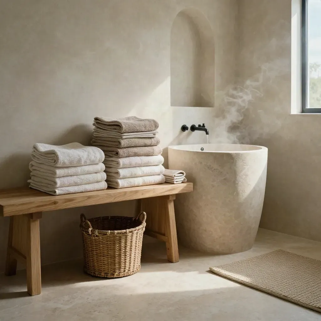 Sunlit bathroom-laundry scene with stacked towels, stone basin and calm copy space.