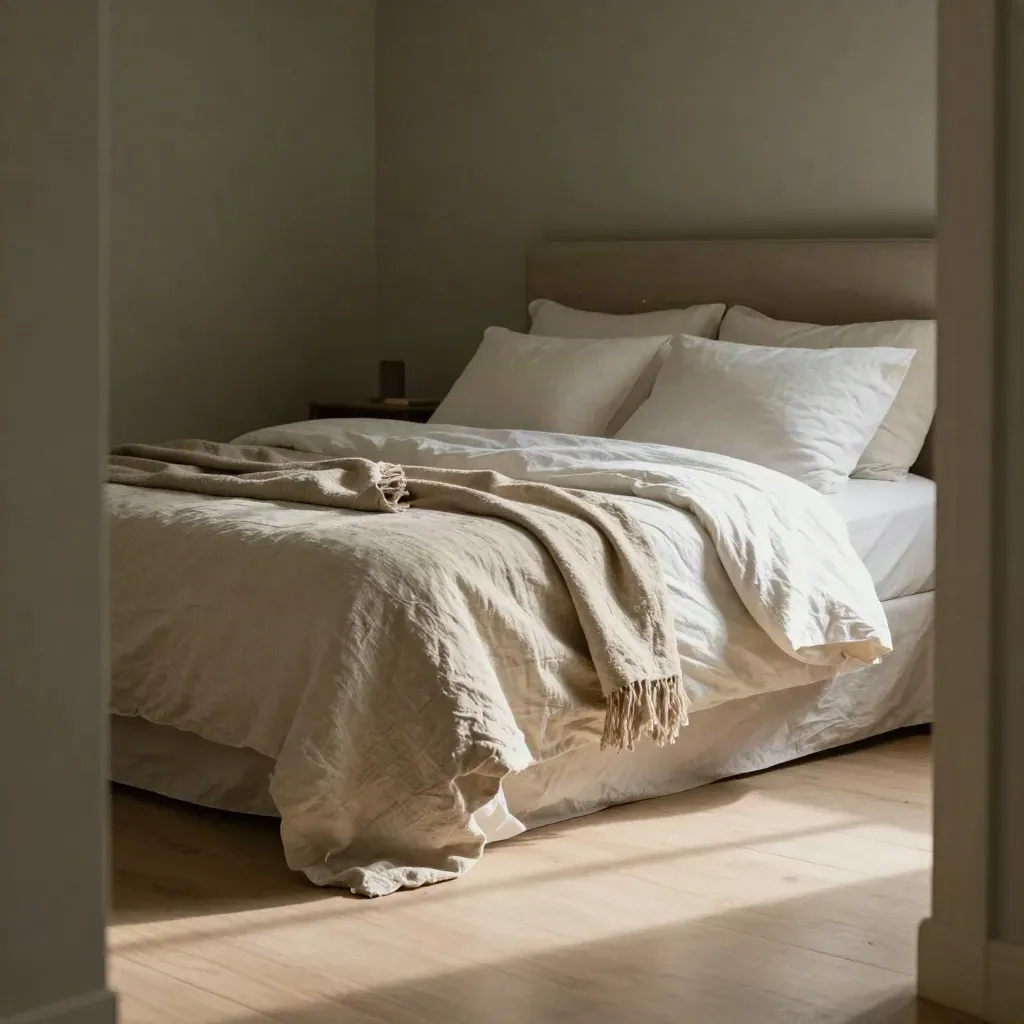 Sunlit bedding corner with linen throw and pillows above a calm open floor.