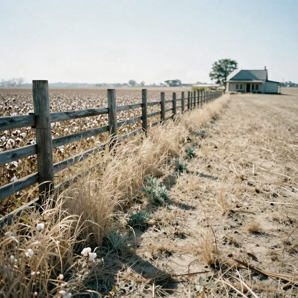 Pale cotton field edge, weathered fence, and blurred farmhouse under bright airy sky.