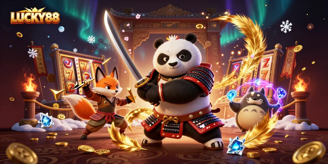Experience the excitement of LUCKY88 with vibrant samurai and fox characters amidst slot reels and gold coins.