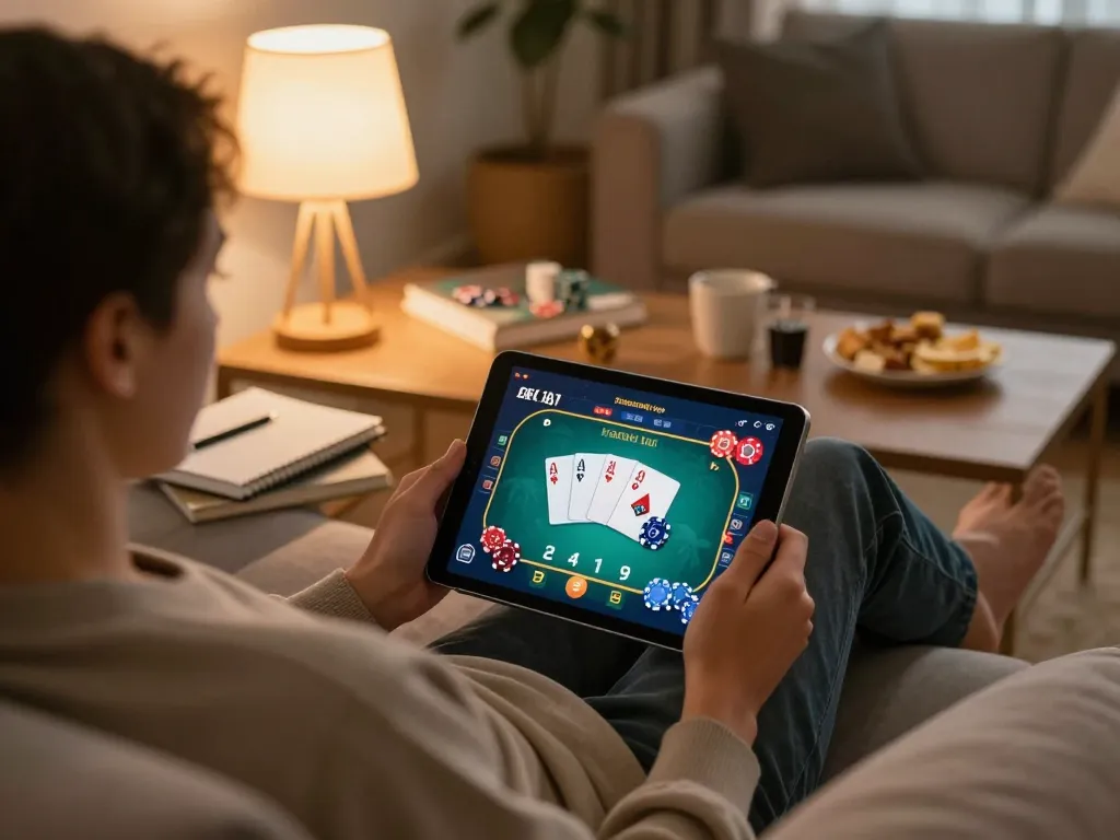 F168 user enjoys online betting on tablet in a cozy home setting with a strategy notebook.