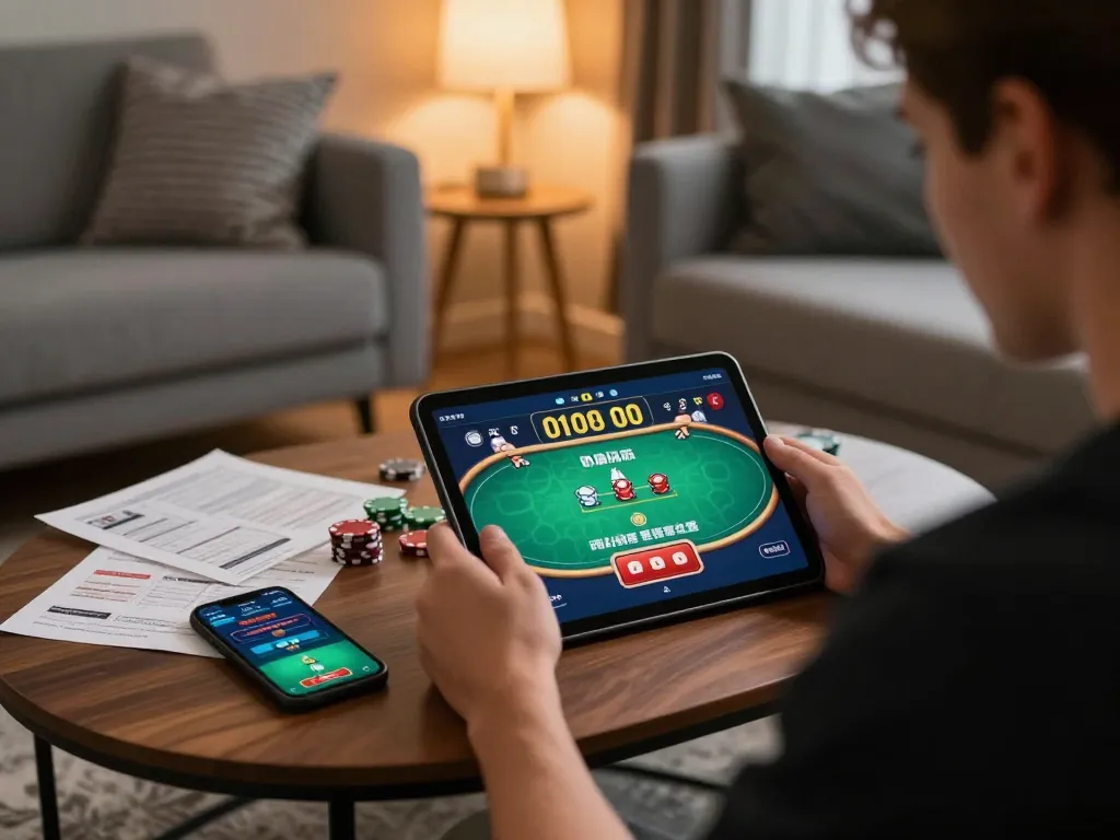 Player engaged in online poker gaming on tablet, showcasing strategic approach with cm88