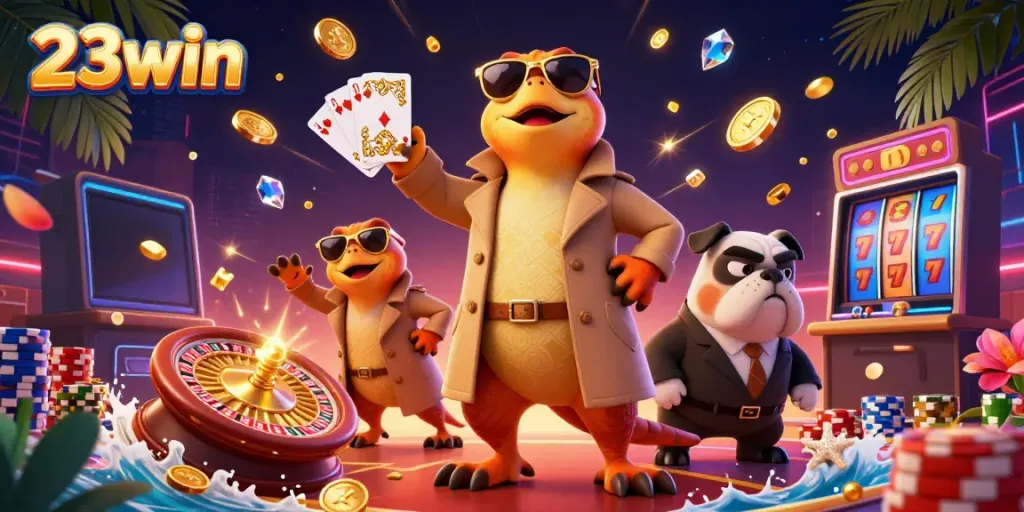 Experience the excitement of 23win with raptors entering a casino lounge, dynamic gaming elements surrounding them.
